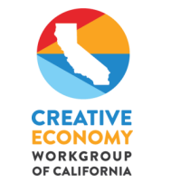 The Creative Economy Workgroup of California Logo, with the map of CA outlined with a red, yellow, blue, and light blue circle